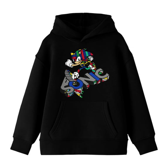 Sonic The Hedgehog Modern Sonic Pop Dimension Color Art Long Sleeve Youth Black Hooded Sweatshirt-XL