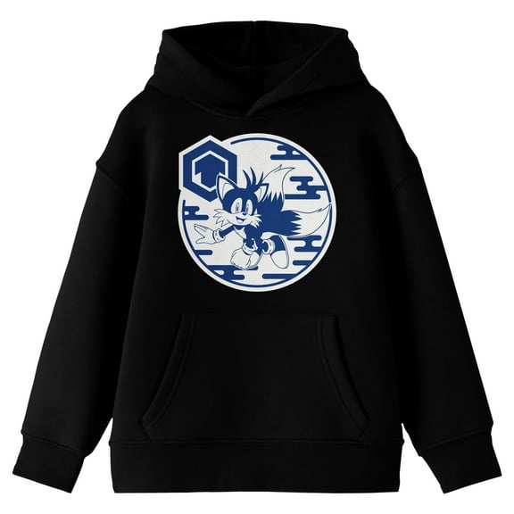 Sonic The Hedgehog Modern Tails Hexagon Graphic Long Sleeve Youth Black Hooded Sweatshirt-Large