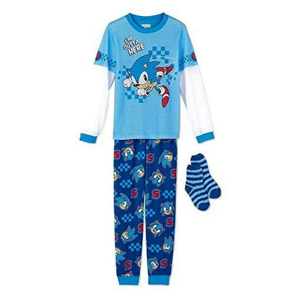 Sonic The Hedgehog Polyester Jersey and Fleece Pajama, Socks Set (Small 6-6X) Blue