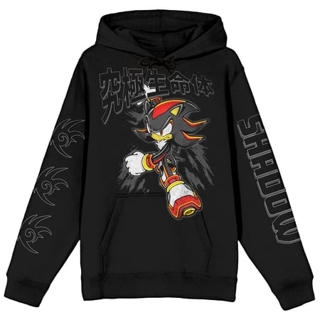 Sonic The Hedgehog Shadow Running with Black Lettering and Sleeve Hits Adult Black Long Sleeve Hoodie-Large