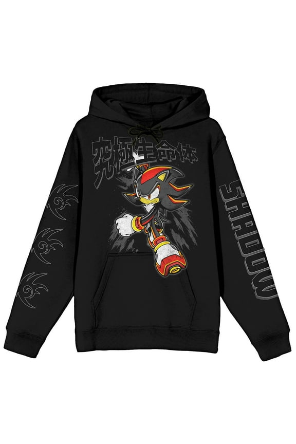 Sonic The Hedgehog Shadow Running with Black Lettering and Sleeve Hits Adult Black Long Sleeve Hoodie-Large
