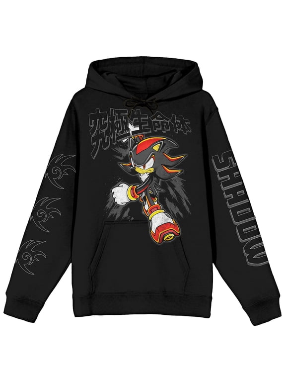 Sonic The Hedgehog Shadow Running with Black Lettering and Sleeve Hits Adult Black Long Sleeve Hoodie-XL