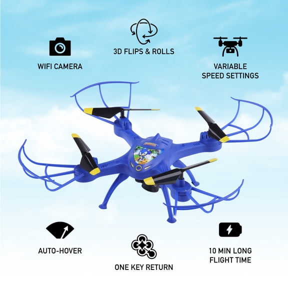 Sonic The Hedgehog Sky Racer Drone - Wi-Fi Camera, Kid's Toy Drone with 10 Min Flight, Auto Hover, and Remote Controller Included