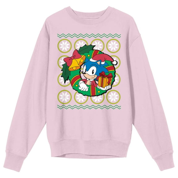 Sonic The Hedgehog Sonic Christmas Wreath Crew Neck Long Sleeve Cradle Pink Adult Sweatshirt-Medium