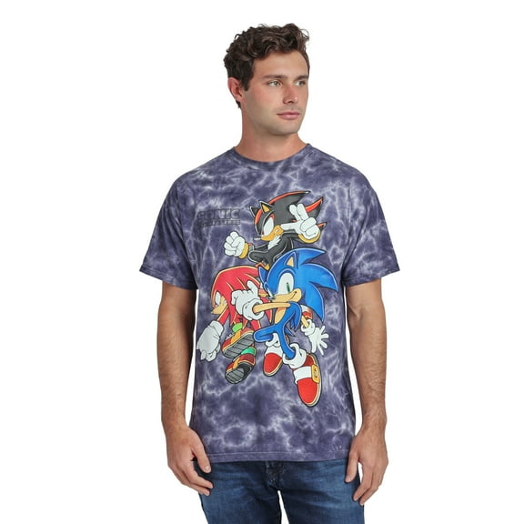 Sonic The Hedgehog Sonic Knuckles & Shadow Men's Dark Blue Mineral Wash Crew Neck Short Sleeve T-shirt-Small