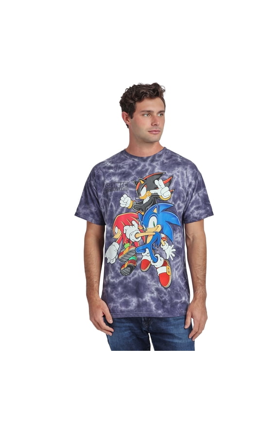 Sonic The Hedgehog Sonic Knuckles & Shadow Men's Dark Blue Mineral Wash Crew Neck Short Sleeve T-shirt-XL