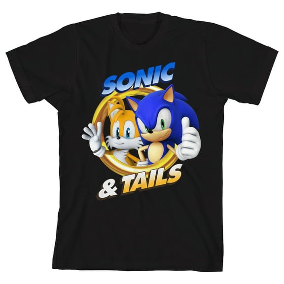 Sonic The Hedgehog Sonic & Tails Gold Ring Youth Girl's Black Crew Neck Short Sleeve T-shirt-XXL
