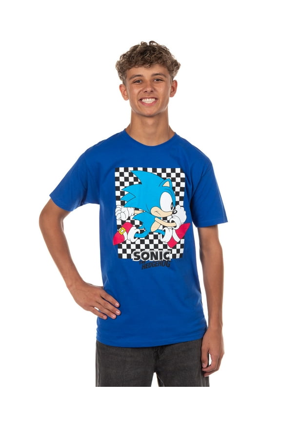 Sonic The Hedgehog T-Shirt Men's Angry Walk Checkerboard Design Adult Tee