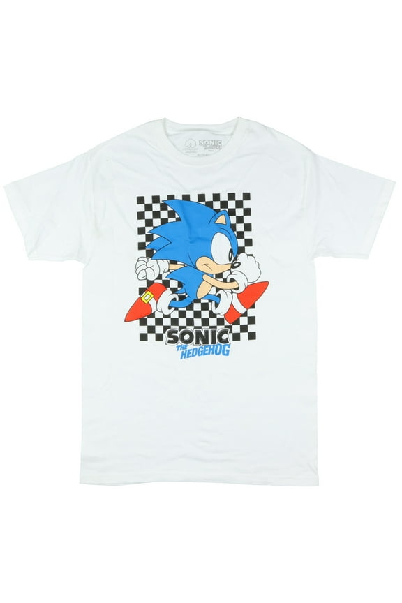 Sonic The Hedgehog T-Shirt Men's Blue Blur Checkerboard Design Adult Tee