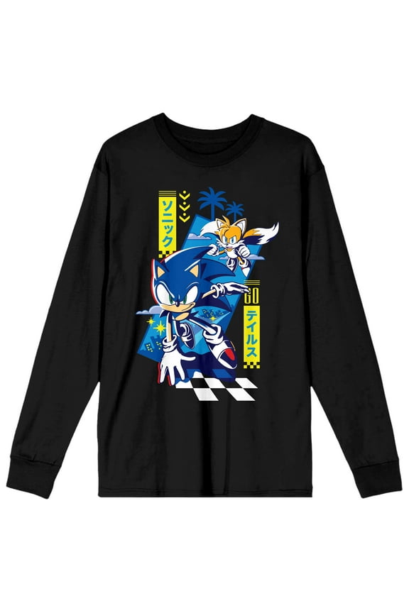 Sonic The Hedgehog & Tails Men's Black Long Sleeve Shirt-XL