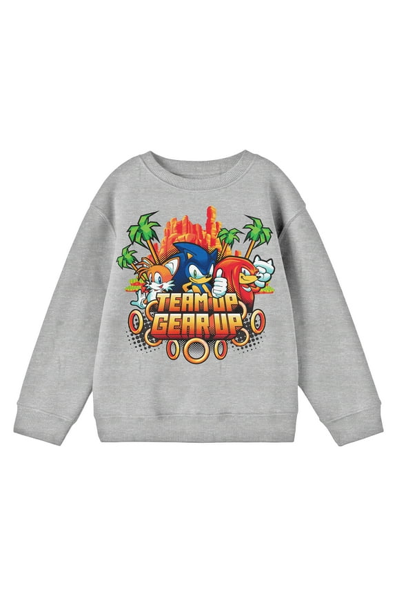 Sonic The Hedgehog Team Up Gear Up Youth Athletic Heather Crew Neck Long Sleeve Sweatshirt-Large