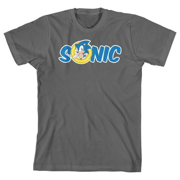 Sonic The Hedgehog Text Logo Boy's Charcoal T-shirt-Large