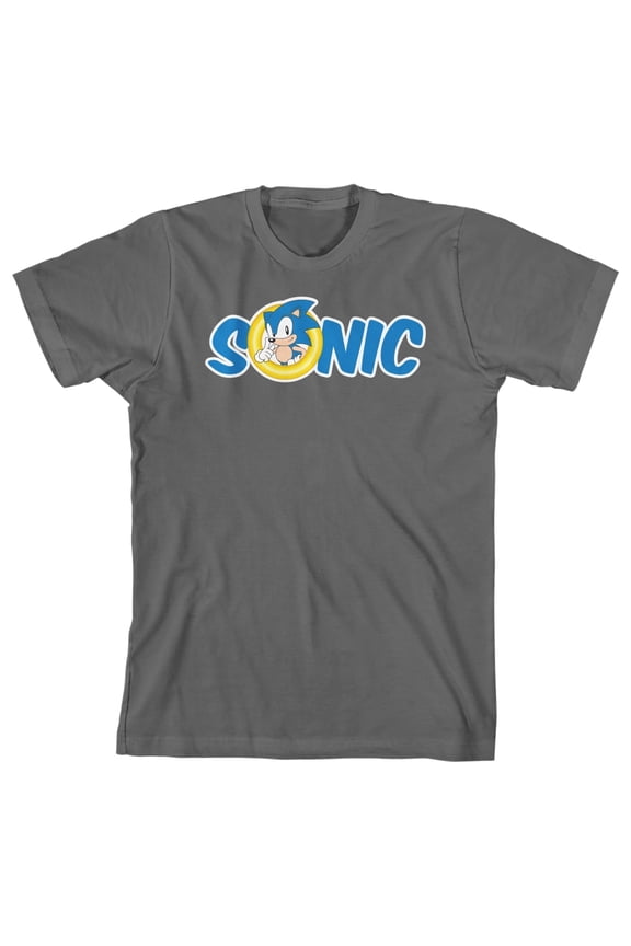 Sonic The Hedgehog Text Logo Boy's Charcoal T-shirt-XS