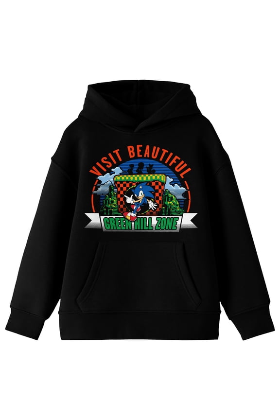 Sonic The Hedgehog Visit Beautiful Green Hill Zone Youth Black Long Sleeve Hooded Sweatshirt-Large