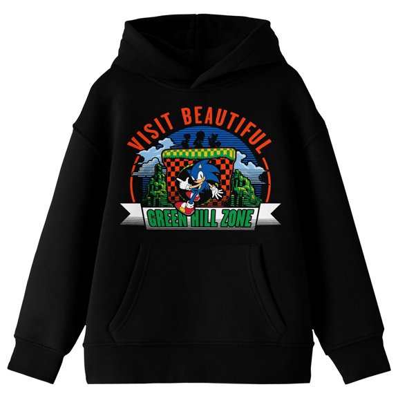 Sonic The Hedgehog Visit Beautiful Green Hill Zone Youth Black Long Sleeve Hooded Sweatshirt-XXL