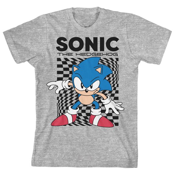 Sonic The Hedgehog Warped Checkered Background Crew Neck Short Sleeve Gray Heather Youth T-shirt-XL
