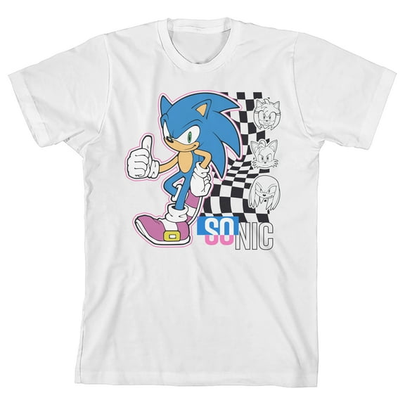 Sonic Thumbs Up Checkered Flag Youth Girl's White Crew Neck Short Sleeve T-shirt-Medium