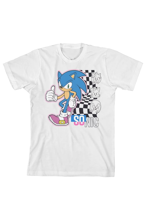 Sonic Thumbs Up Checkered Flag Youth Girl's White Crew Neck Short Sleeve T-shirt-Small