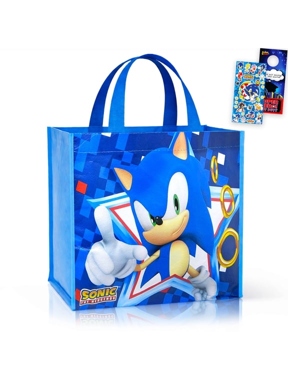 Sonic Tote Bag - Bundle with with 12" Double Sided Grocery Bag Featuring Sonic Plus Stickers, More | Double-Sided Sonic Reusable Bags Medium