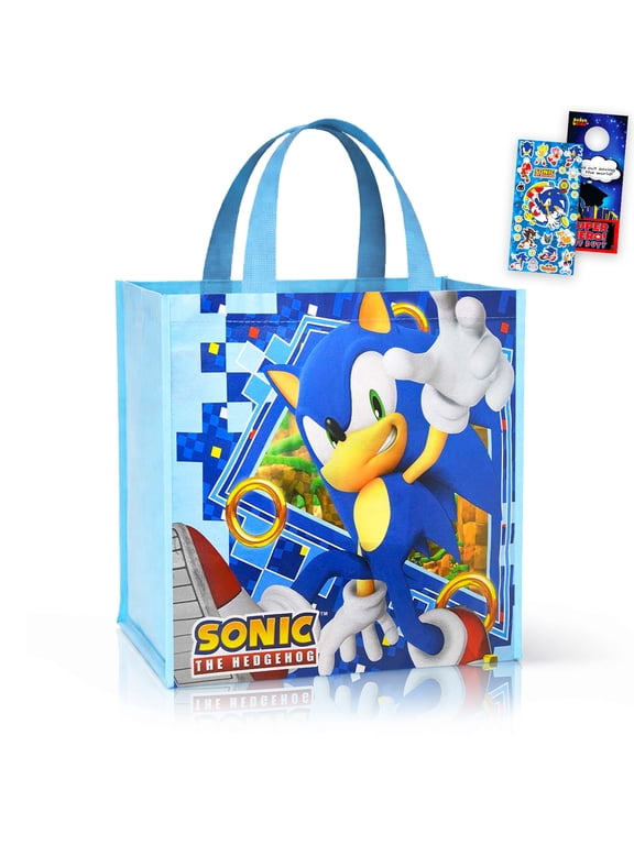 Sonic Tote Bag - Bundle with with 15" Double Sided Grocery Bag Featuring Sonic Plus Stickers, More | Double-Sided Sonic Reusable Bags Large