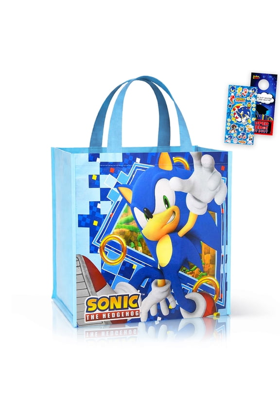 Sonic Tote Bag - Bundle with with 15" Double Sided Grocery Bag Featuring Sonic Plus Stickers, More | Double-Sided Sonic Reusable Bags Large