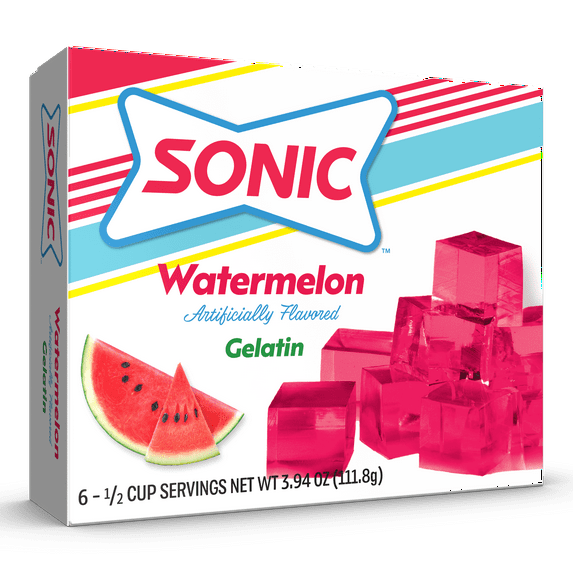 Sonic Watermelon Gelatin Mix, 6 Servings, 3.94 oz Shelf-Stable Cardboard Box