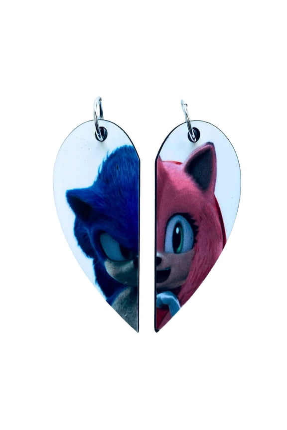 Sonic and Amy Rose Matching Heart Necklaces Keyrings | Sonic the Hedgehog Gamer Couples BFF Gift | Valentine's Day Gift for Him or Her