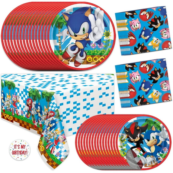 Sonic the Hedgehog Birthday Decorations | Tablecover, Plates and Napkins for 16 | Sonic Birthday Party Decorations