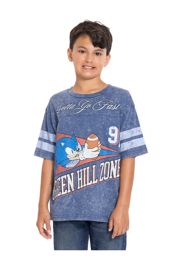 Sonic the Hedgehog Boys Mineral Washed Graphic Football Tee with Short Sleeves, Sizes 4-18