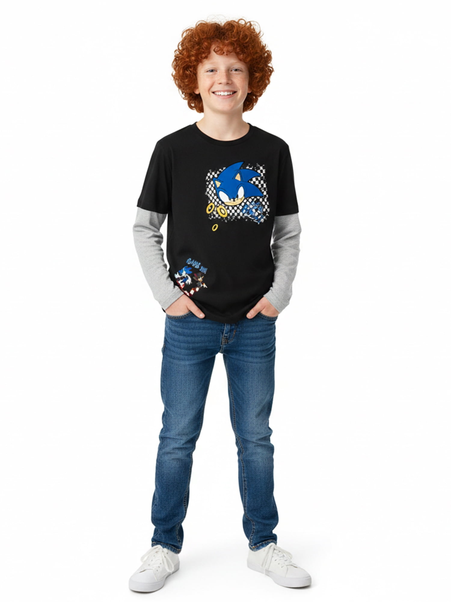 Sonic the Hedgehog, Boys' Graphic Waffle Knit Long Sleeve 2Fer, Sizes 4-18