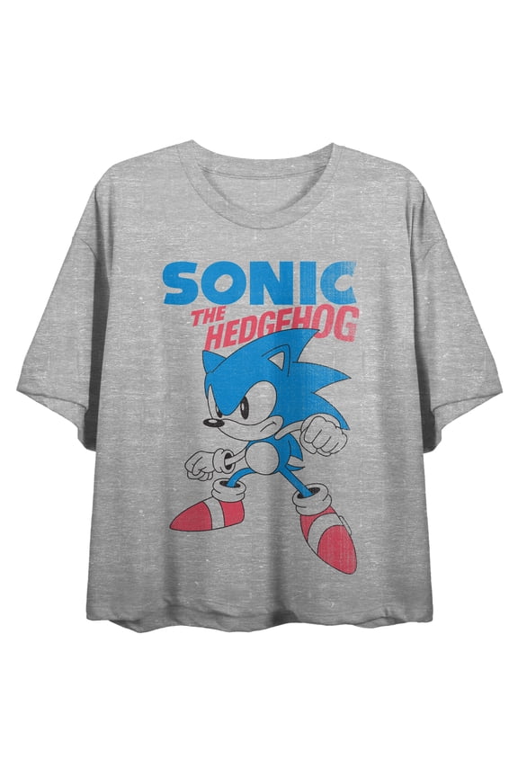 Sonic the Hedgehog Classic Character Crew Neck Short Sleeve Gray Heather Women's Crop Top-L