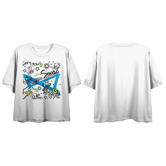 Sonic the Hedgehog Classic Let's Roll Women's White Graphic Crop Tee-XS