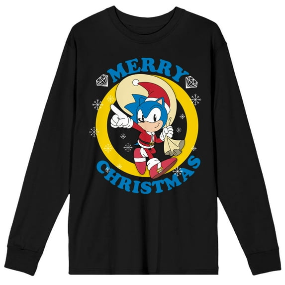 Sonic the Hedgehog Classic Merry Christmas Adult Black Long Sleeve Crew Neck Tee-XL