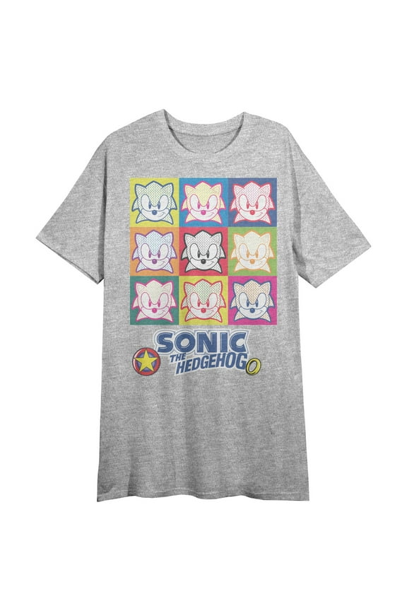Sonic the Hedgehog Faces Women's Heather Gray Short Sleeve Crew Neck Sleep Shirt-XL
