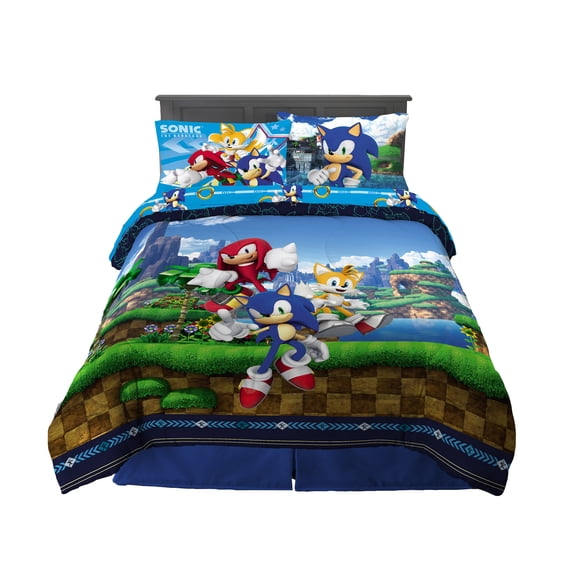 Sonic the Hedgehog Kids 5 Piece Blue Reversible Comforter, Bed in a Bag, Full