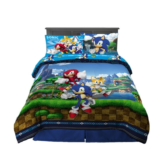 Sonic the Hedgehog Kids 5 Piece Blue Reversible Comforter, Bed in a Bag, Full