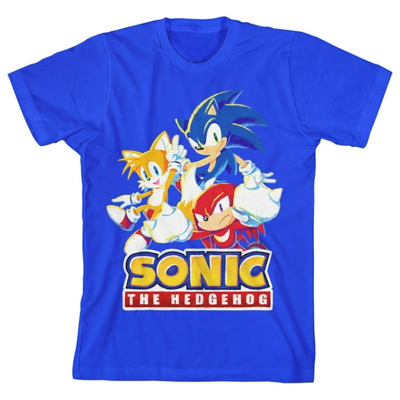Sonic the Hedgehog Modern Characters With Logo Youth Boy's Royal Blue T-Shirt-Medium