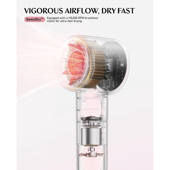 SonicDry H10 PRO 5X Faster Drying with 110,000 RPM Brushless Motor Hair Dryer, 56dB Low-Noise, 0.72lb Ultra-Light Blow Dryer, Ionic Tech for Travel, Home, Salon