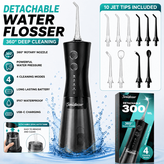 Sonicflosser Cordless Water Flosser, Detachable 300ml Water Tank Oral Irrigator with 360 Rotating Nozzle, 4 Cleaning Modes, 10 Jet Tips, USB-C Rechargeable Dental Cleaner for Teeth and Gum Care
