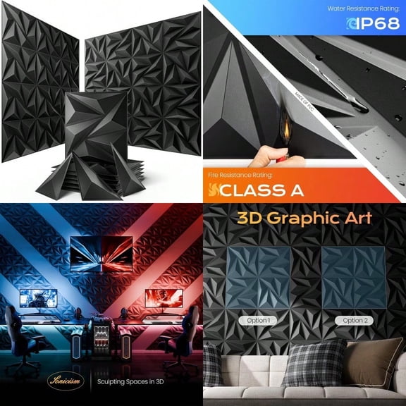 Sonicism Wall Panels Upgrade 32 Pack0.7x11.8x11.8Pyramid 3D Wall Panels Creative Cutting PVC Wall Panels for Interior Wall Decor Fire Resistant Wall Tiles for Various Scenes Charcoal Black