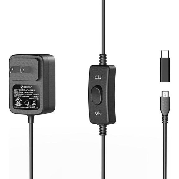 Sonicon Power Supply Charger AC Adapter Micro USB Type C w/ Power On/Off Switch & USB C Adapter for Raspberry Pi 3, 4 - 3.3ft