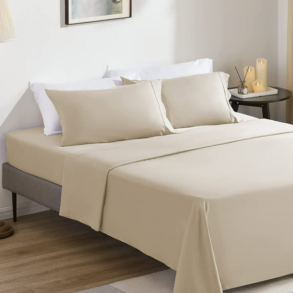 Sonive 4-Piece Bed Sheet Set - 85gsm Double Brushed Soft Microfiber - Deep Pocket 16 inch Wrinkle Free Fade Resistant Easy Care Bedspread Set (Beige, King)