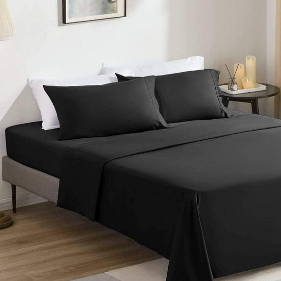 Sonive 4-Piece Bed Sheet Set - 85gsm Double Brushed Soft Microfiber - Deep Pocket 16 inch Wrinkle Free Fade Resistant Easy Care Bedspread Set (Black, King)