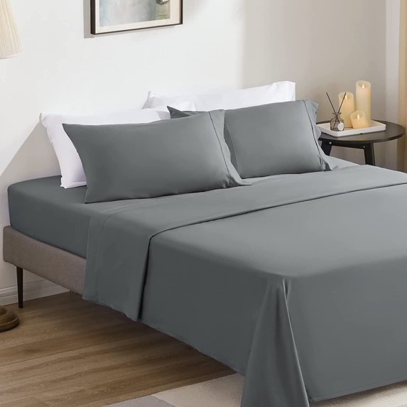Sonive 4-Piece Bed Sheet Set - 85gsm Double Brushed Soft Microfiber - Deep Pocket 16 inch Wrinkle Free Fade Resistant Easy Care Bedspread Set ( Gray, Full)