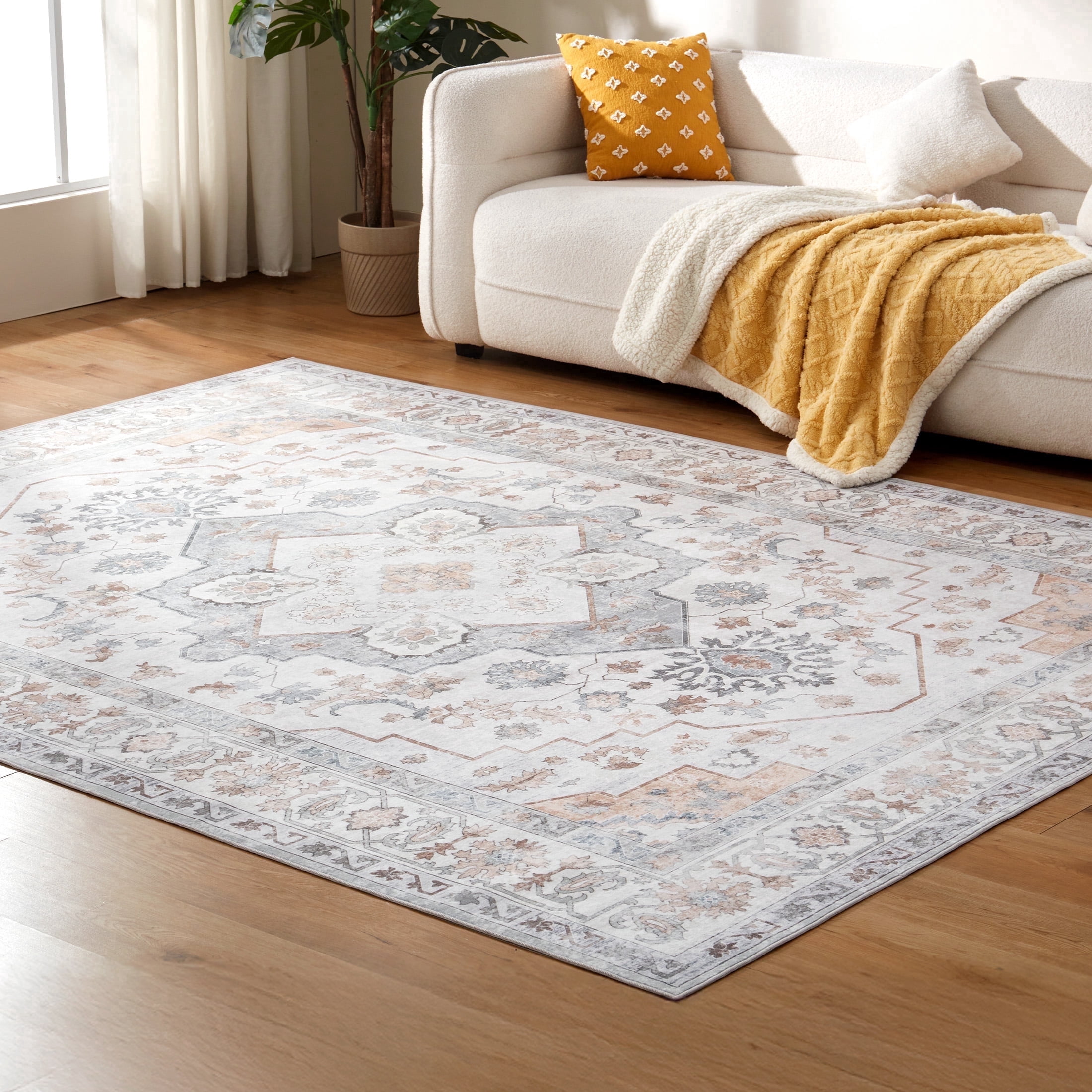 Sonive Brown Gray Vintage Area Rug 4ft x 6ft, Low Pile Non Slip, Accent Rugs for Living Room Bedroom