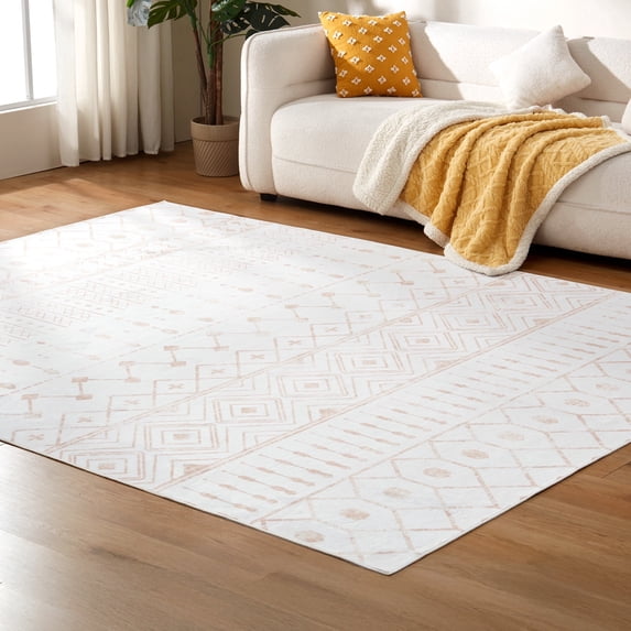Sonive 4'x6' Area Rug Carpet for Bedroom, Machine Washable Water Resistant Low Pile Non Slip Carpet, Soft Vintage Accent Rug for Living Room, Nursery, Home Office, (Beige Boho, 48"x72")