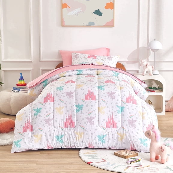 Sonive 7 Pieces Full/Queen Size Kids Comforter Sets for Girls Princess Bedding, Hotel Collection for All Season, Advanced Digital Printing, Super Soft and Fluffy (Pink Castle, Full/Queen)
