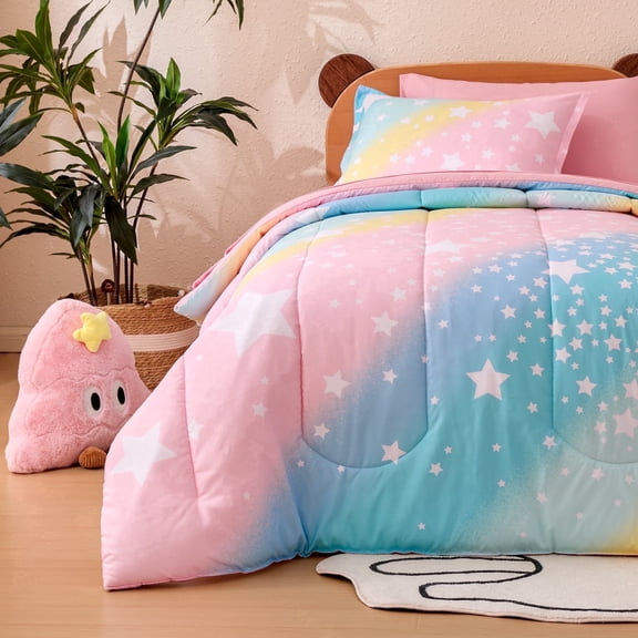 Sonive 7 Pieces Full/Queen Size Kids Comforter Sets Princess Bedding, Hotel Collection for All Season, Advanced Digital Printing, Super Soft and Fluffy (Rainbow Star, Full/Queen)