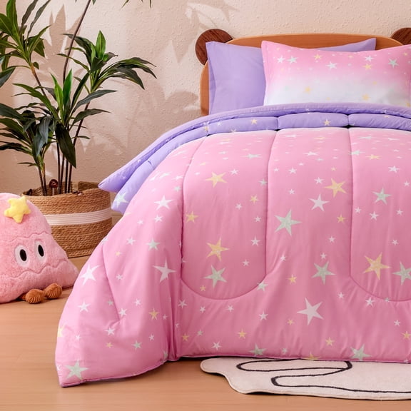 Sonive 7 Pieces Full/Queen Size Kids Comforter Sets for Girls Princess Bedding, Hotel Collection for All Season, Advanced Digital Printing, Super Soft and Fluffy (Pink Star, Full/Queen)
