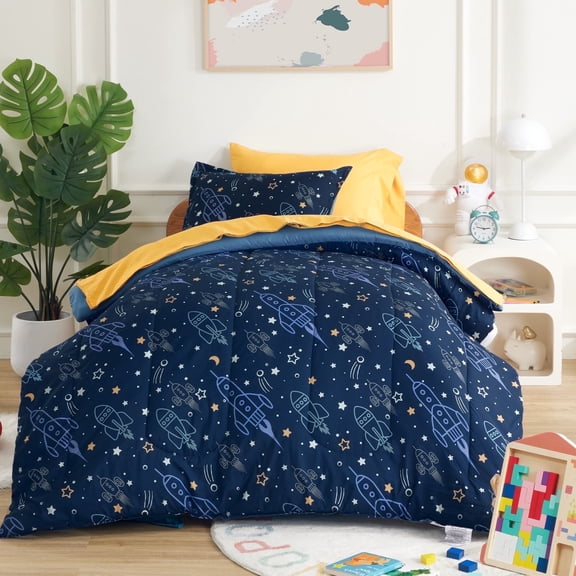 Sonive 7 Pieces Full/Queen Size Kids Comforter Sets for Boys/Girls, Hotel Collection for All Season, Advanced Digital Printing, Super Soft and Fluffy (Space Ship, Full/Queen)